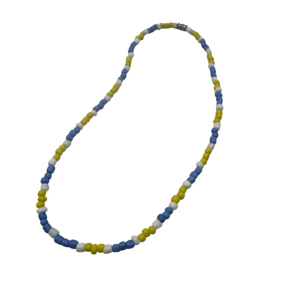 Colorful Bead Necklace Yellow Blue White Magnetic Clasp Handmade 15 Inches